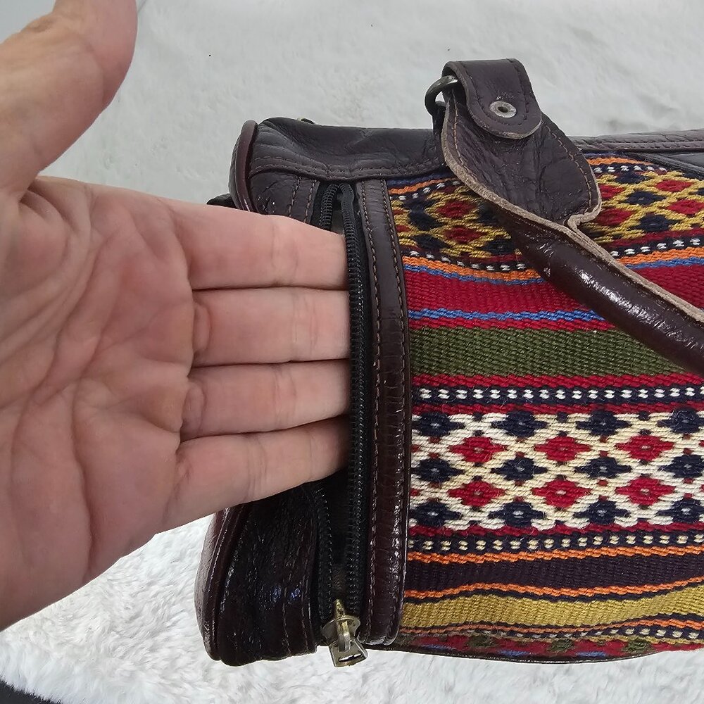 Aigner Brown Tapestry Leather Southwestern Handbag Boho Distressed Retro - Picture 8 of 11